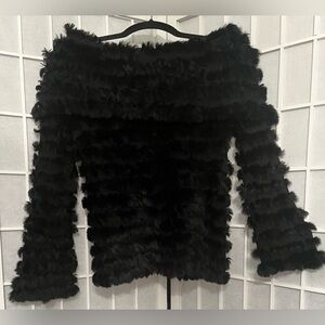 BCBG MAXAZRIA Rabbit Fur Off-Shoulder Top Black NWT